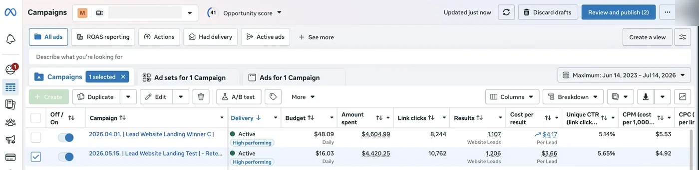 Meta Ads Manager, campaign level