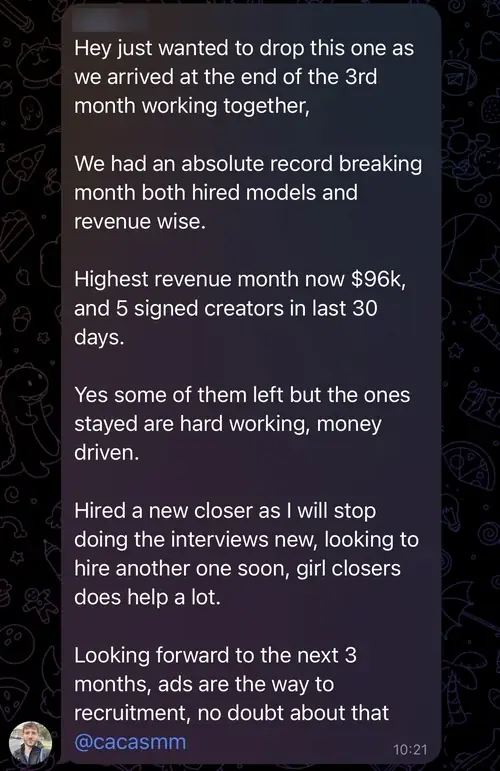 Client message: record month, five signed creators
