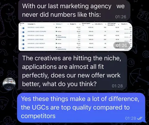 Client message comparing results to their previous agency