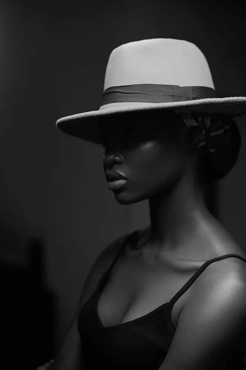 Black and white profile portrait of a model in a white hat